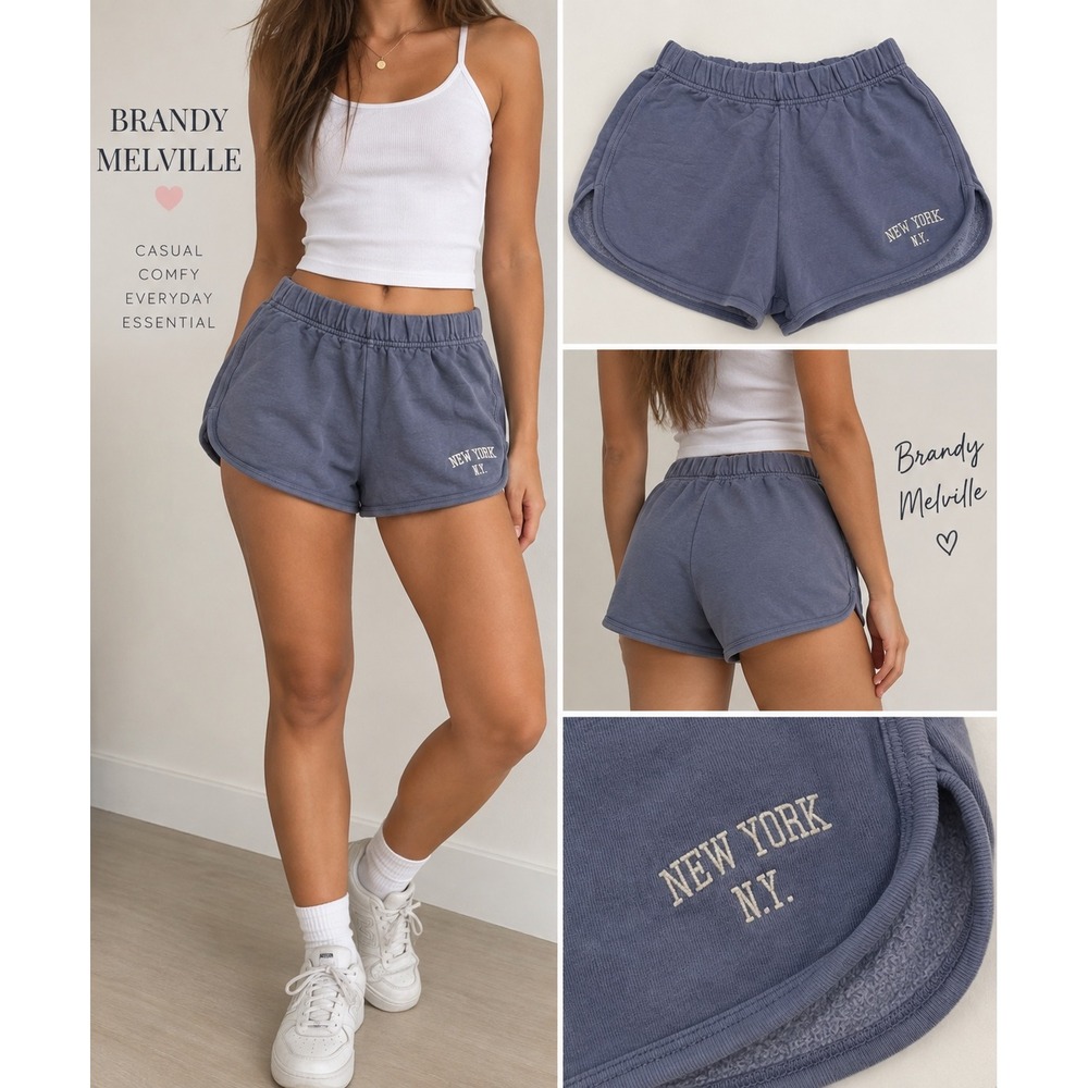 Brandy Melville Rosa Sweat Shorts Blue New York Graphic Dolphin Hem One Size